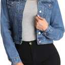 andy & natalie Women's Denim Jackets Cropped Long Sleeve Basic Button Down Crop Jean Shacket with Pockets (Large, Blue)