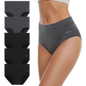 coskefy Women's High Waisted Cotton Underwear Soft Breathable Panties Stretch Briefs Ladies Panties 5 Pack (Large, 3black+2grey)
