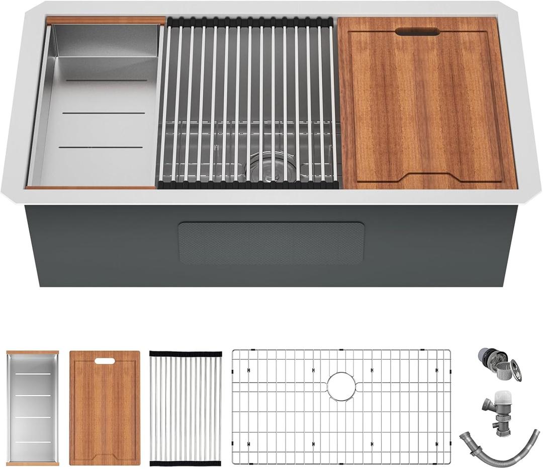 30-Inch Undermount Kitchen Sink - Stainless Steel Single Bowl Workstation With Ledge, 16 Gauge, Single Bowl Kitchen Sink with Accessories (30 x 19 x 10 Inch)