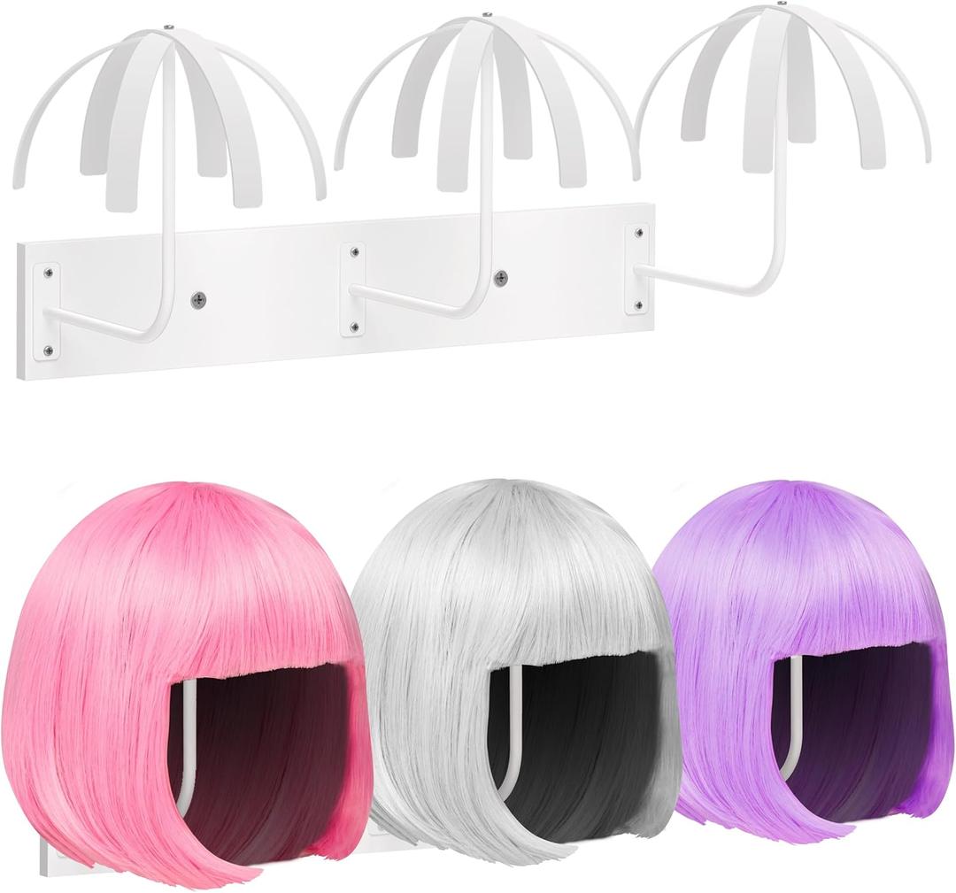 Hanging Wig Stand for Multiple Wigs, 6 PCS Wall Mounted Wig Hanger Holder, Sturdy Wig Storage Organizer Rack for Display, Storage, Styling, Drying (Carbon Steel and Wood) (White)