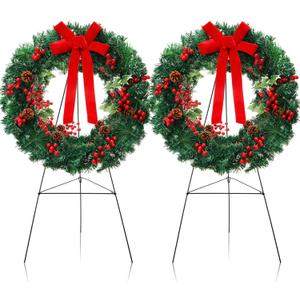 Crowye 4 Pcs Christmas Memorial Cemetery Wreath Set Includes 2 Pcs 20in Christmas Wreath 2 Pcs 30in Easel Stand Holiday Outside Yard Wreath Decoration for Outdoor Gravestone Headstone(Classic)