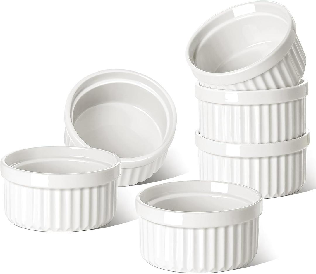 LE TAUCI Ramekins 6 OZ, Ceramic Souffle Dishes, Oven Safe Custard Cups for Baking, Creme Brulee, Pudding, Dessert, Microwave & Dishwasher Safe, Set of 6, White