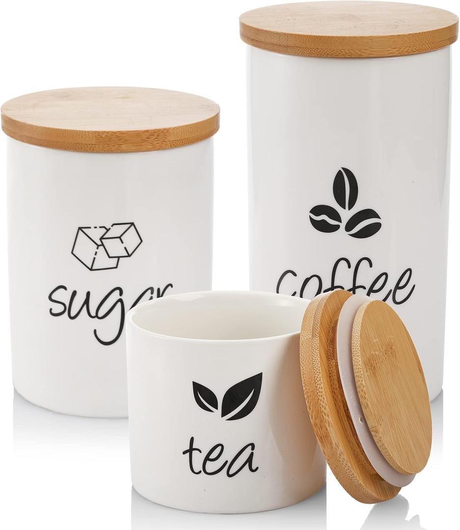 AVLA 3 Pack Ceramic Canister Set, 30/22/12 OZ Kitchen Airtight Food Storage Jar with Bamboo Lids, Coffee Sugar Tea Storage Containers Pots Jars for Counter, Farmhouse Kitchen Decor, White