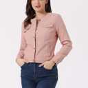 Allegra K Women's Denim Jacket Collarless Round Neck Button Down Long Sleeve Jean Jackets (Pink, L)