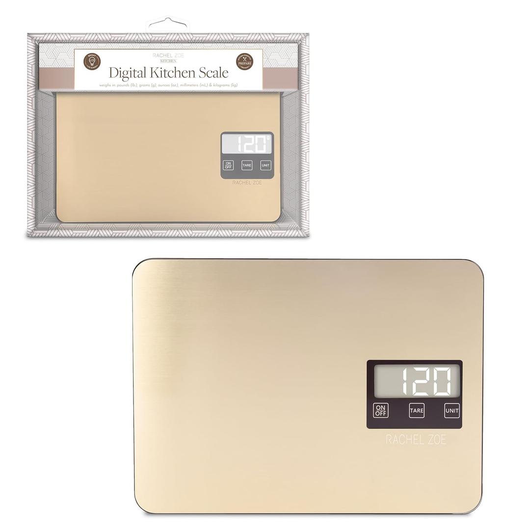 Rachel Zoe Digital Kitchen Food Scale with Non-Slip Base for Home and Kitchen, Measures in Pounds, Grams, Milliliters & Kilograms, Battery Operated Aluminum Electric Scale for Meals, Baking & Diets (Cream)