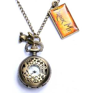 Onwon Vintage Drink Me Pocket Watch Necklace Quartz Watch Alice in Wonderland Rabbit