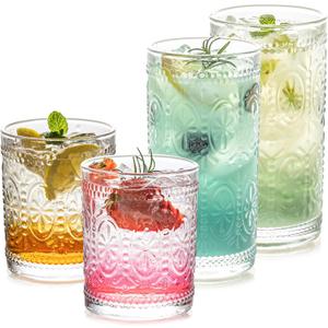 Stylish Vintage Glassware Set - 4 Pack Embossed Drinking Glasses, Tempered Glass Tumblers for Juice, Water, Cocktails - 2 x 10.8 oz & 2 x 13.5 oz - Glass Cups for Home and Bar Use