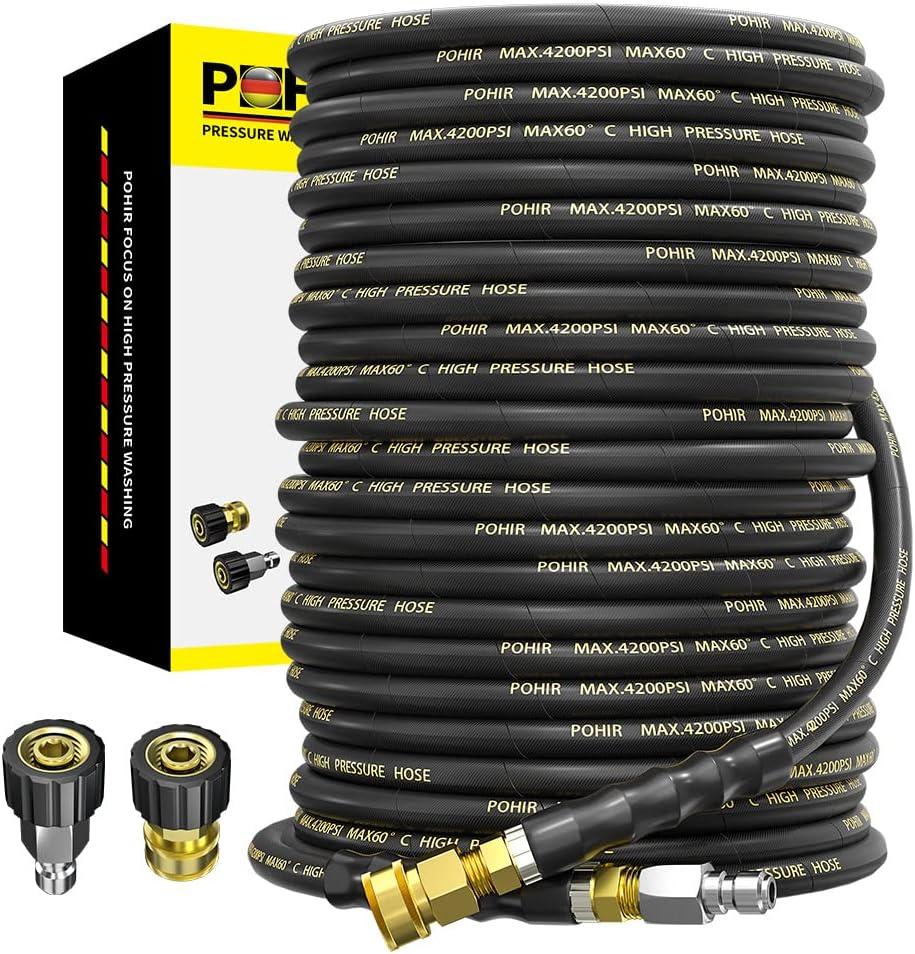 POHIR Power Washer Hose 100FT with 3/8'' Quick Connect, High Tensile Wire Braided Car Wash Water Hose with 2 Quick Connect Kits Compatible M22 14 mm, 1/4 Inch Hose for Pressure Washer, 4200 PSI