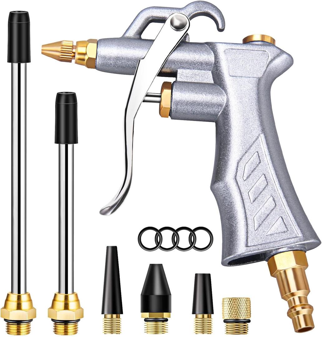 JASTIND Industrial Air Blow Gun with Brass Adjustable Air Flow Nozzle and 2 Steel Extension, Pneumatic Air Compressor Accessory Tool Dust Cleaning and Blower Gun