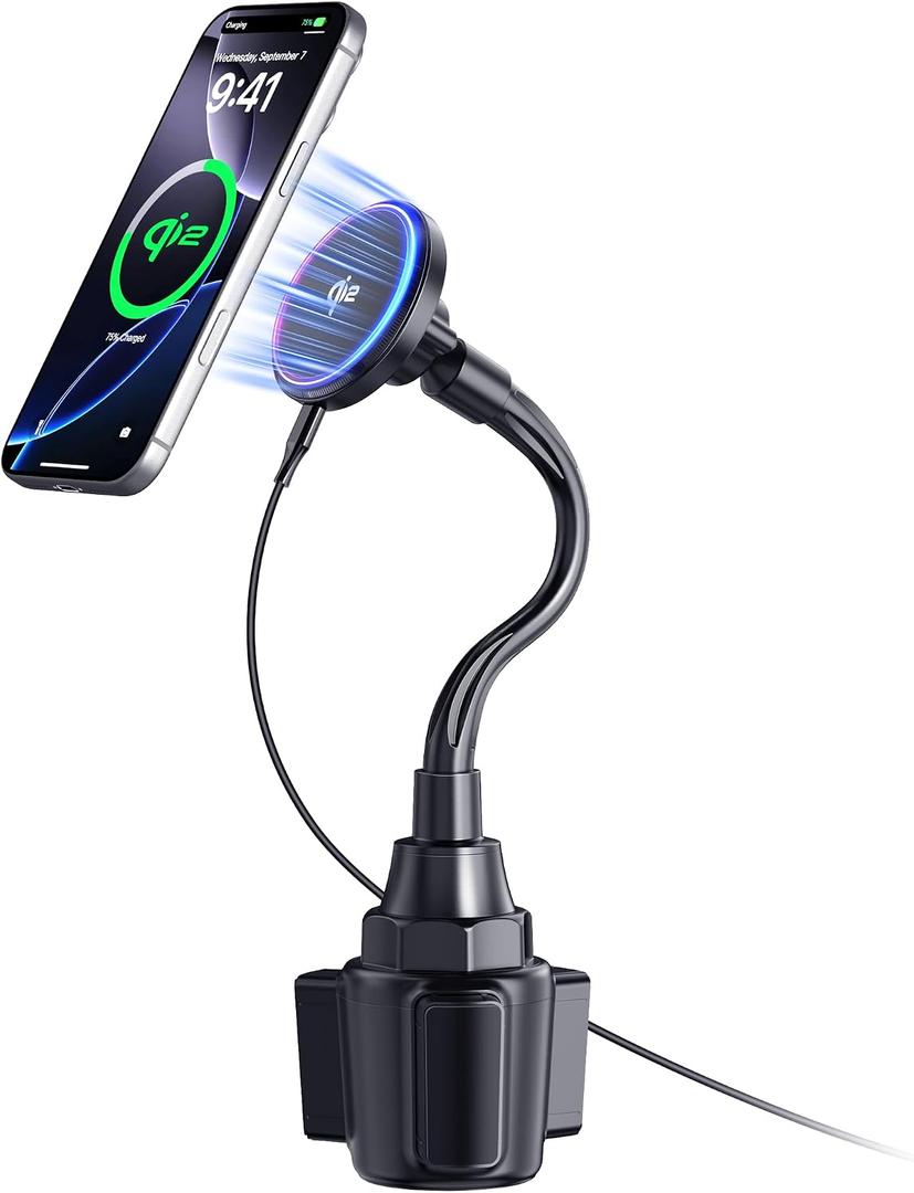 Upgraded Qi2 15W for Magnetic Cup Holder Charger, [More Stable & Faster Charging] Magnetic Car Mount Charger 15W Fast Charging with Adjustable Gooseneck for iPhone 17 Pro Max Air 16-12 Series