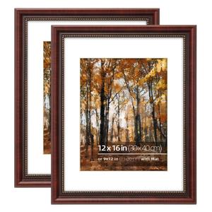 Eitida 12x16 in 2PK Vintage Cherry Wood Classic Poster Picture Frame, Ornate Gold Beaded Inner, Matted for 9x12 Photo, Wall Mount Display Vertically or Horizontally, Real Glass