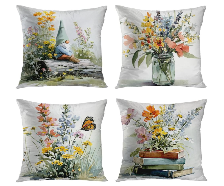 Spring Throw Pillow Covers Set of 4, Blue Yellow Floral Wildflowers Home Decorative Throw Pillow Cases Cushion Covers Pillowcases for Sofa Couch Bed Chair, 18x18 Inch