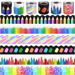 6 Rolls 196.8 Ft Decorative Crayon Border Set for Bulletin Board  Colorful Classroom Trim  Crayon, Pencil & Rainbow for Teachers, Schools & Office Decor -Perfect for Birthday, Back to School Theme