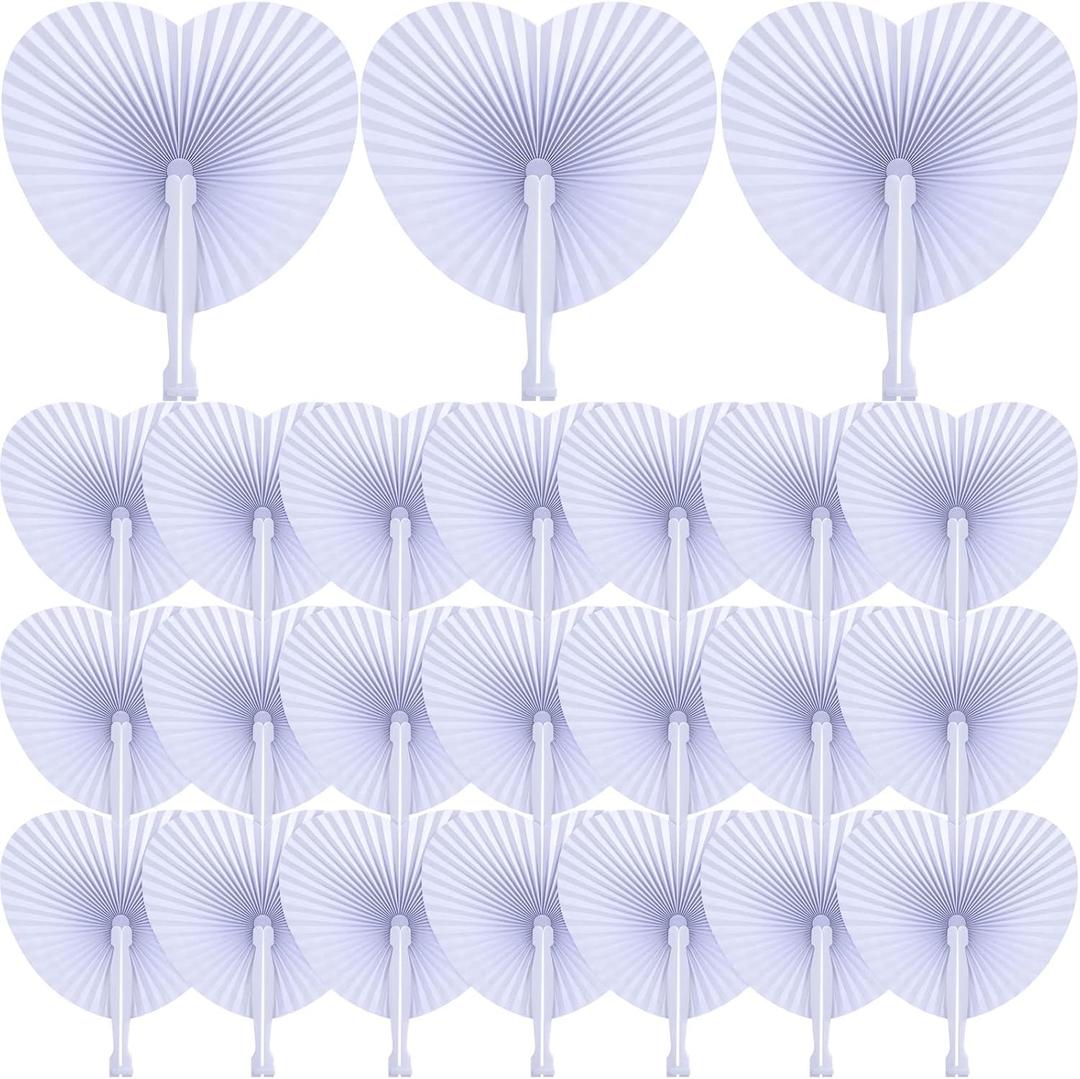Yulejo 100 Packs Wedding Folding Paper Fans Bulk White Heart Shaped Foldable Personalized Fan with Plastic Handles for Outdoor Wedding Ceremony Women Guest Convention Pocket Favor