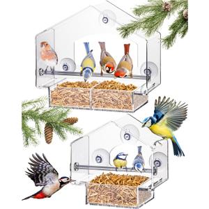 Clear Window Bird Feeder - Set of 2 - Squirrel Proof Bird Feeders for Outdoors - Durable Plastic Wild Avian House for Outdoor Viewing - Easy-to-Clean