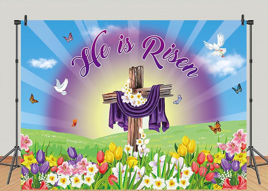 He is Risen Backdrop Jesus Easter Photography Religious Cross Decoration Spring Purple Flowers Green Grassland Photo Props for Easter Party (86 FT)