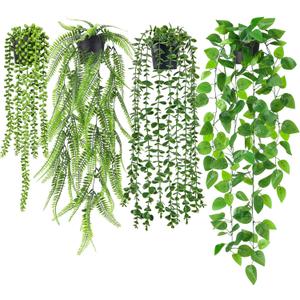 Der Rose 4Pcs Fake Plants Hanging Artificial Ivy Vine Faux Eucalyptus Hanging Plants, Boston Fern, String of Pearls for Living Room Bedroom Boho Wall Shelf Indoor Outdoor Decor (Black Pots-4pcs Green)