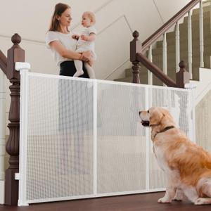 Retractable Baby Gates for Stairs, 55" Wide Baby Gate Dog Gate, 41" Tall Retractable Pet Gate for Doorways, Child Safety Gates Mesh Gate with Fiberglass Rods for Stairways, Hallways, Indoor/Outdoor (White)