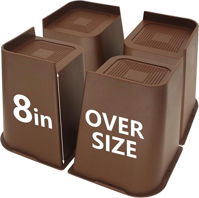 Bed Risers 8 inch Heavy Duty Dark Brown, 4 Pack Oversized Furniture Risers, Bed Lifts Risers for Table, Chair, Couch, Desk, Bed Frame Risers Supports Up to 6,500 Lbs