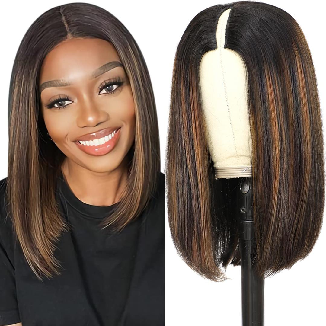 Colorful Bird Highlight V Part Bob Wigs Human Hair Ombre Short Bob Straight Glueless Wigs For Women 1B/2/30 Mixed Color Clip in Half Wig Upgrade U Part Wig 12 Inch, V Part Bob Wigs Human Hair Highlights
