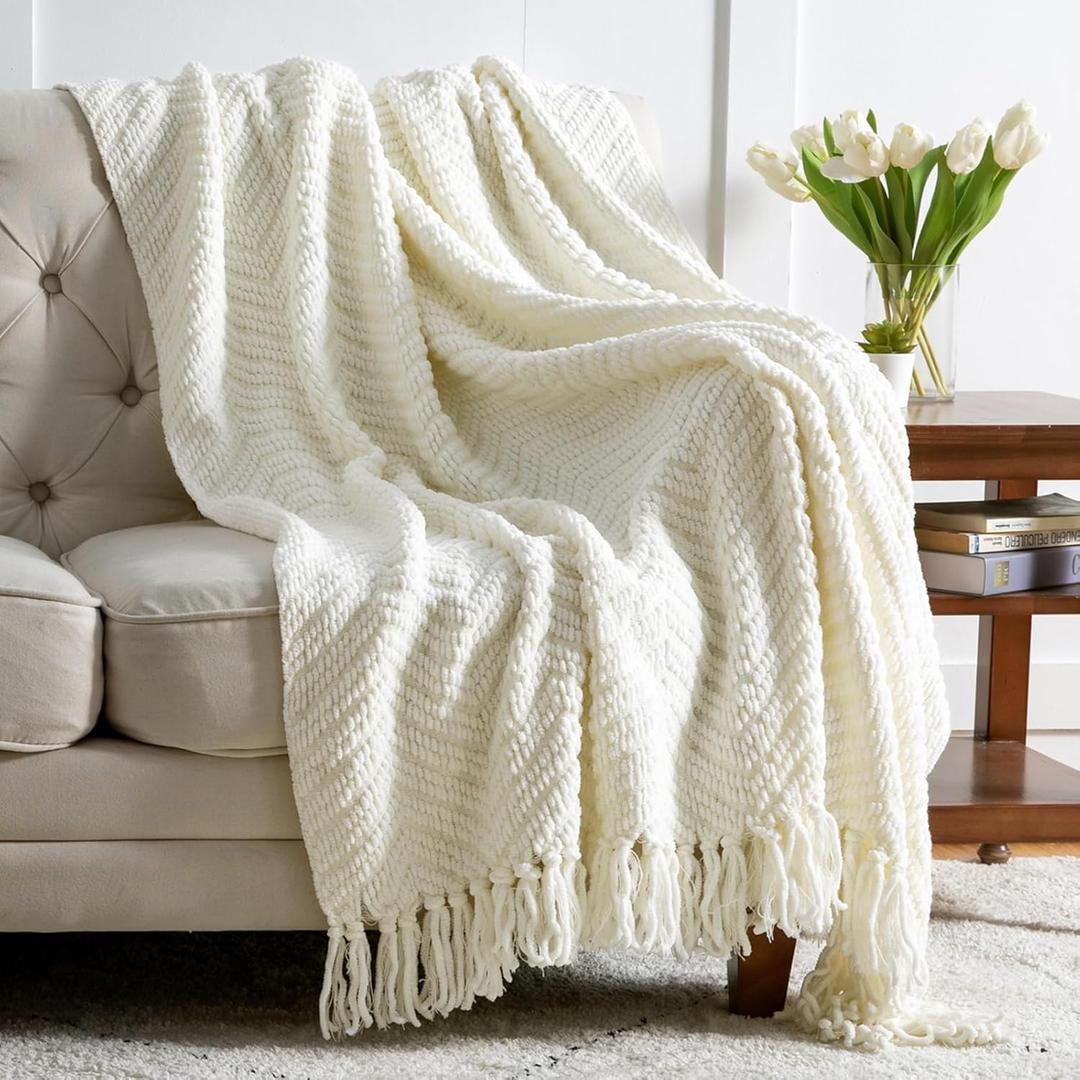 Bedsure Cream Throw Blankets for Couch - Textured Chunky Knit Woven Chenille Blanket - Super Soft, Warm Decorative Boho Throw with Tassels for Bed, Sofa and Living Room Decor, Ivory, 50x60 Inches (Throw (50" x 60"), 03 - Ivory)