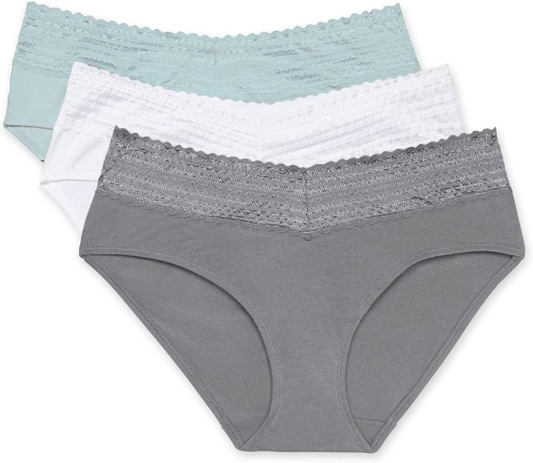 Warner's Women's Blissful Benefits Dig-Free Comfort Waist with Lace Cotton Hipster 3-Pack , Smoked Pearl/ White/ Summer Sky, Large Warner's Women's Blissful Benefits Dig-Free Comfort Waist with Lace Cotton Hipster 3-Pack , Smoked Pearl/ White/ Summer Sky, Large