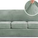 H.VERSAILTEX Modern Velvet Plush 4 Piece High Stretch Sofa Slipcover Sofa Cover Furniture Protector Form Fit Luxury Thick Velvet Sofa Cover for 3 Cushion Couch Width Up to 90 Inch (Sofa, Sea Grass)