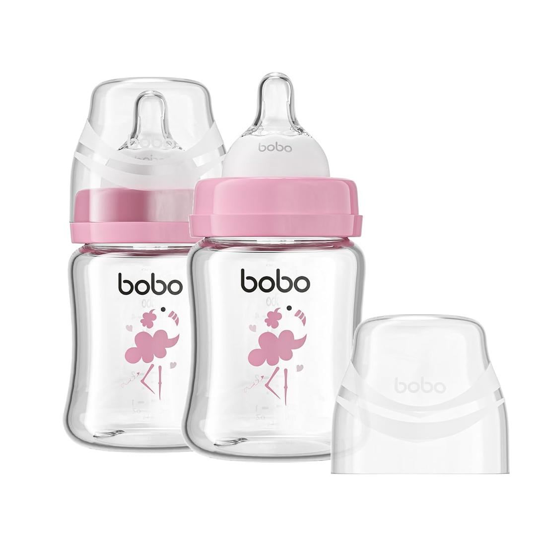 YOHKOH Glass Baby Bottles with Slow Flow Nipple, Newborn Anti-Colic Baby Bottles for 0+ Months, Wide Neck Feeding Bottle, Borosilicate Glass, Clear Red, 5oz (Pack of 2)