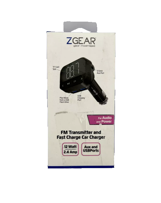 ZGear FM Transmitter and Fast Charging Car Charger 12 watt 2.4 amp Aux & USBport