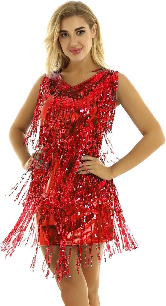 Women's V Neck Sparkly Sequins Flapper Dress Tassels Fringe Skirt Latin Tango Belly 1920s Modern Dancewear M