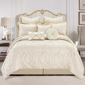 Loom and Mill 9-Piece Elegant Damask Comforter Sets Jacquard Medallion Design, Ultra Soft Floral Bedding with Euro Shams, Bedskirt, Filled Decorative Pillow for Home (Beige White, Queen)