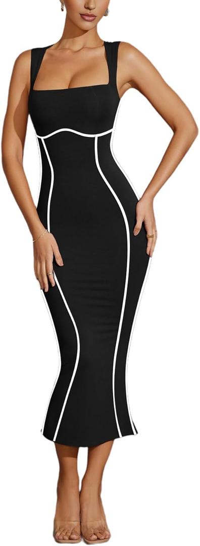 Lrady Women's Square Neck Dresses Long Sleeve Contrast Binding Split Bodycon Mermaid Evening Cocktail Party Dress (1# Black, XS)