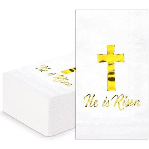 WRAPAHOLIC 50Pcs Easter Religious Paper Napkins - 3-Ply Gold Foil Risen Guest Disposable Hand Towels for Bathroom, Spring, Christening and Baby Shower - 4.3 x 7.9 In