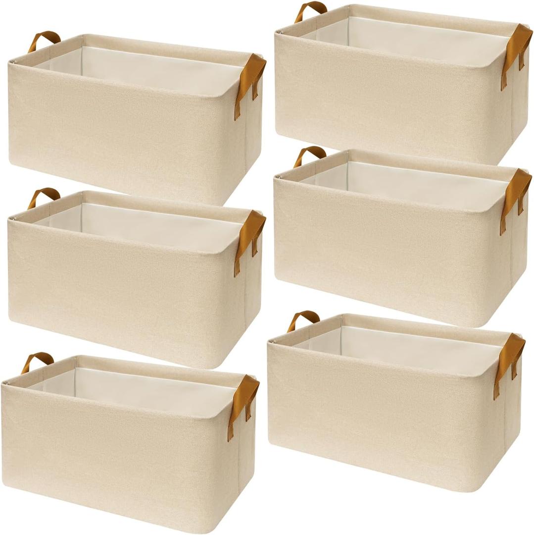 SNWDN 6 Pack Closet Cloth Storage Bins for Shelves, Medium Storage Baskets for Shelves, Fabric Bins for Closet organization with Handles Beige 15''L x 10''W x 8''H