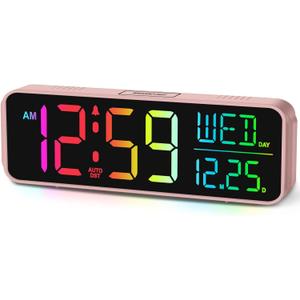 Peakeep Kids Digital Alarm Clock for Bedrooms, Date Day of Week Large Display Numbers 6 Brightness Dimmer, 5 Volume Loud for Heavy Sleepers, 8 RGB Colors Electric Desk Clock Battery Backup, Auto DST