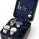 KAMIER Watch Case with Combination Lock - 4 Watch Storage and Jewelry Organizer - Watch Travel Case for Ring and Watch Storage, PU Leather Travel Watch Case, Ideal for Gift (With Gift Box),Black