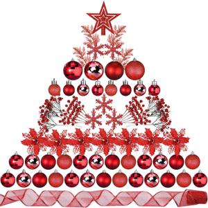 Sratte 94 Pcs Christmas Tree Decorations Set, Christmas Tree Ball Ornaments Glitter Poinsettia Flowers Decorations Glitter Berries Stems for Xmas Holiday Wedding(Red)