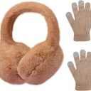 Girls Winter Earmuffs Gloves Set Kids Foldable Ear Covers Warm Plush Ear Muffs Knit Gloves, Ages 7-12 (Brown)