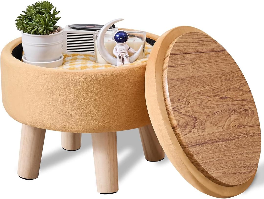 Wimarsbon Velvet Storage Ottoman Round Footrest Stool Upholstered Footrest Footstool with Storage Wood Legs Coffee Table Shoe Changing Stool for Living Room Bedroom Entryway (Pumpkin Yellow)