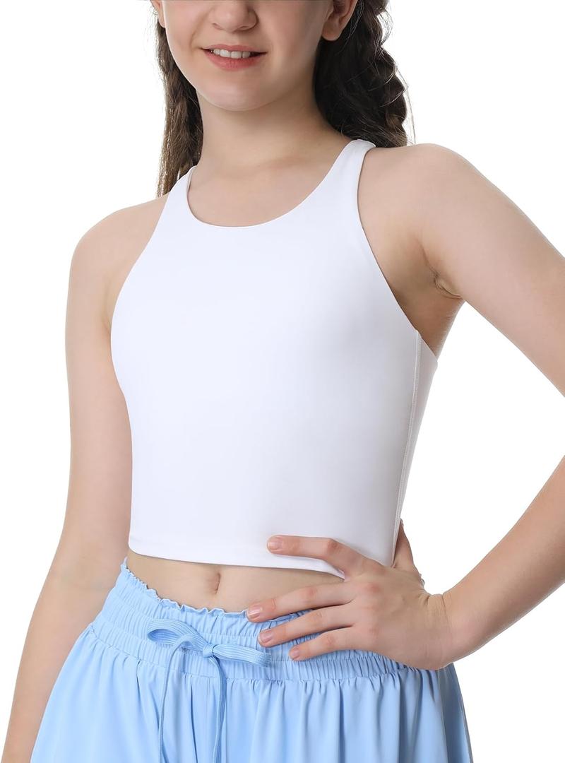 Girls Tank Tops Double Lined Crop Tops for Kids High Crew Neck Racerback Basic Sleeveless Dance Top for Girls (Large, White)