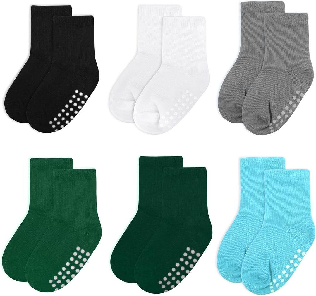 2 x 6 Pack Baby & Toddler Cotton Crew Socks - Non-Slip Grip, Unisex, 6-12 Months (Black/White/Gray/Green/Dark Green/Lake Blue)