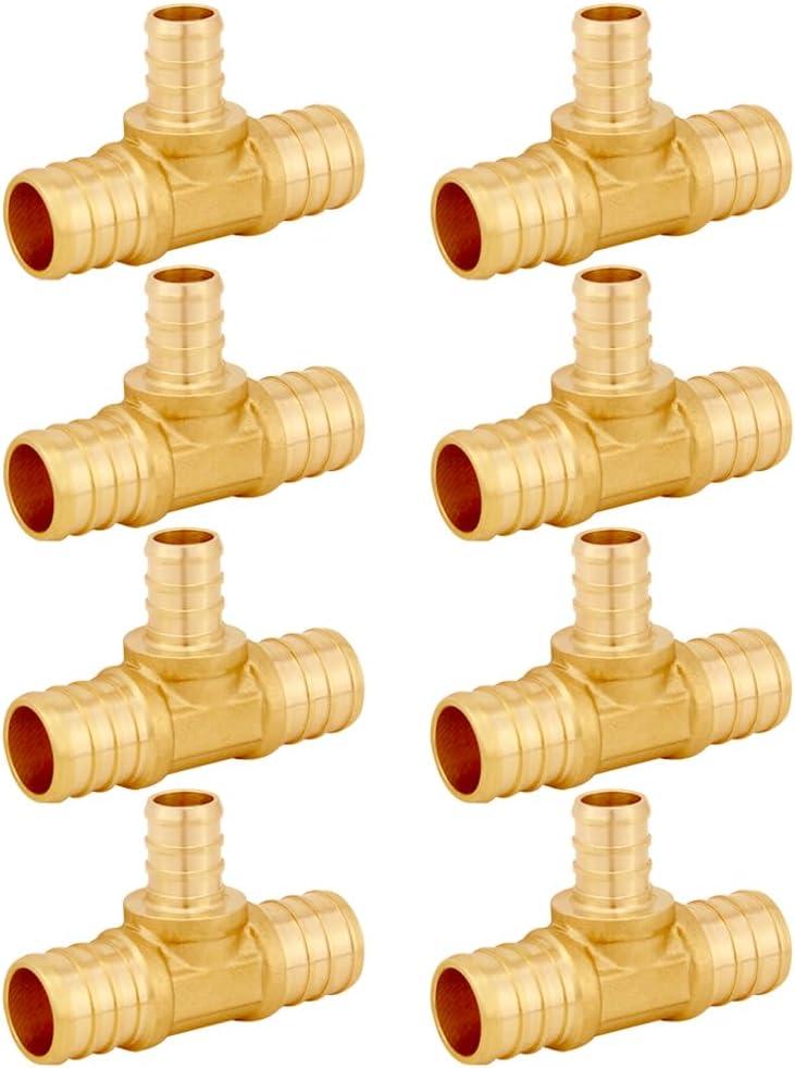 Uenede 8PCS LF Brass 3/4 to 1/2 to 3/4 Inch PEX Tee Reducer 3 Way Coupling Barb Crimp Pipe Tube Fitting