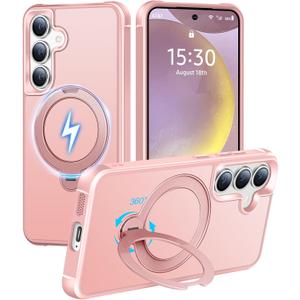 HuwaiH 360 Rotatable Magnetic Ring Stand for Samsung Galaxy S24 Plus/S25 Plus Case, Compatible with MagSafe, Military-Grade Shockproof, Anti-Scratch Matte Translucent Phone Case(Pink)