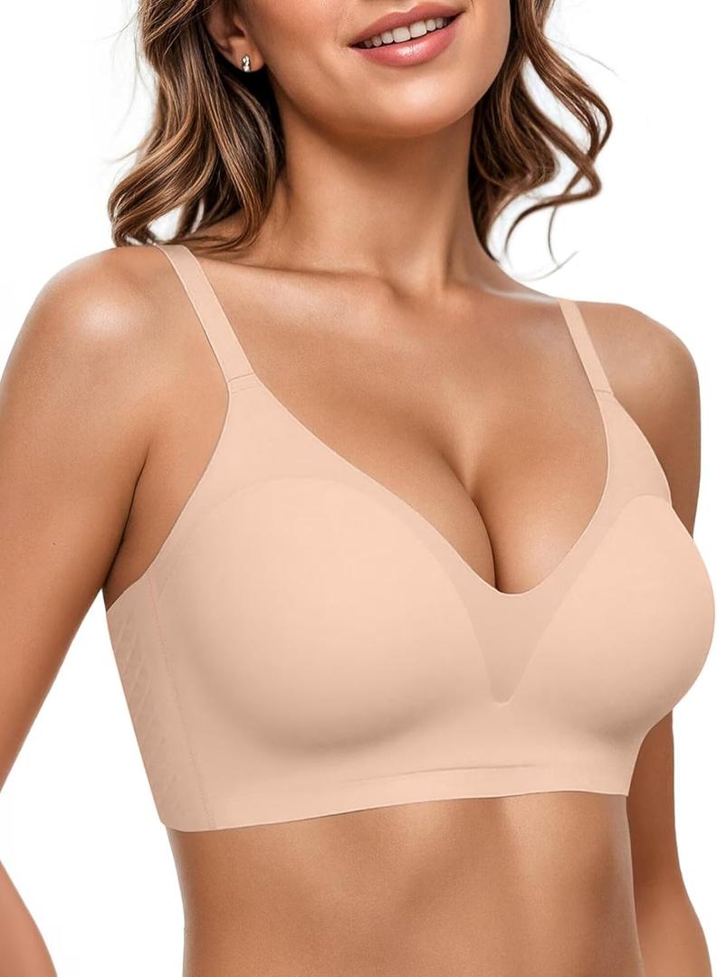 Vertvie Women Wireless Bras with Support Lift Full Coverage Push Up Plus Size Sport Bra Seamless Molded Cup Padded Tshirt Bra (34B, Nude)