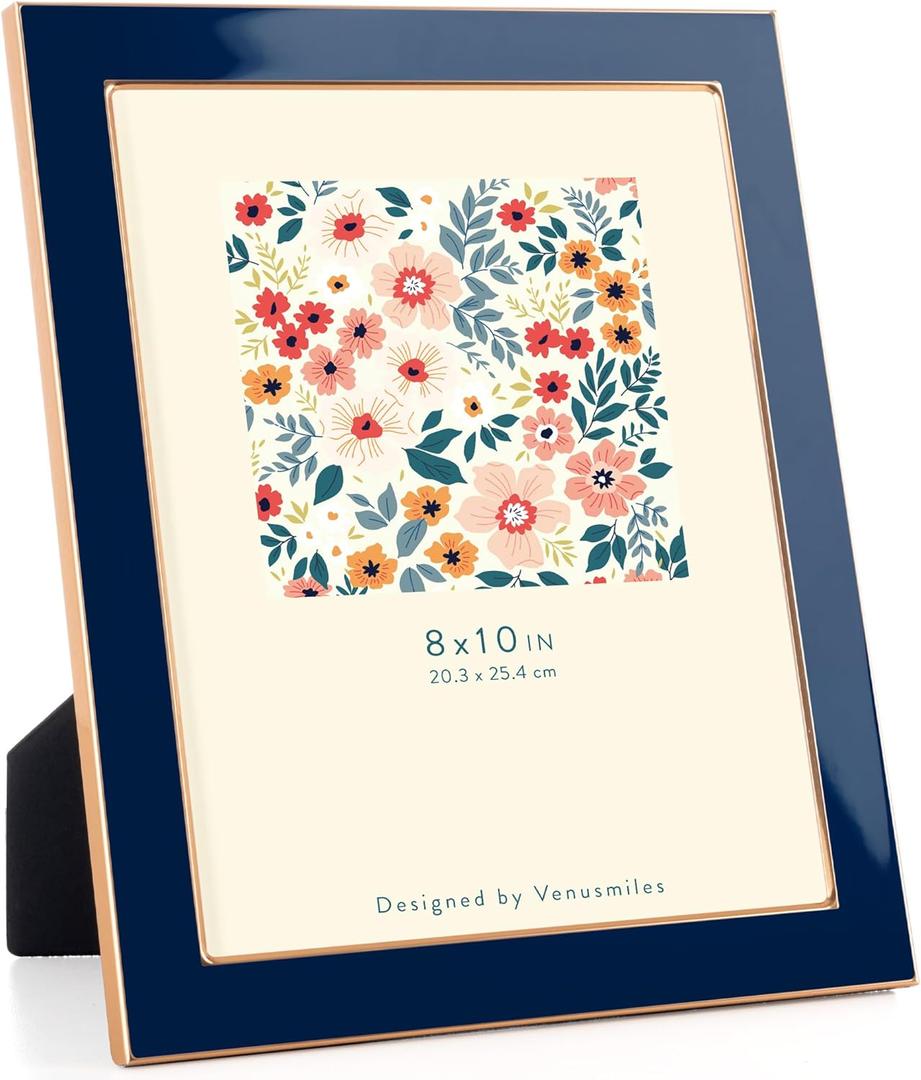 8x10 Enamel Picture Frame, Gold Metal Edge with Easel, Real Glass Photo Frame for Wall and Tabletop Display Family Office Photo Gallery, Navy Blue Enamel/1pc