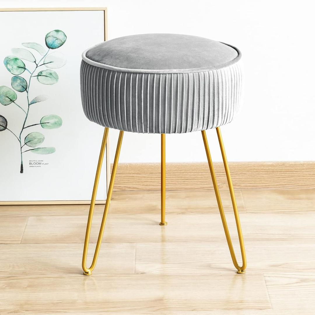LUE BONA Pleated Vanity Stool, Velvet Upholstered Vanity Stool for Makeup Room, Round Mondern Stool for Vanity, Ottoman Footrest Stool with Metal Legs for Living Room, Bedroom, Light Gray