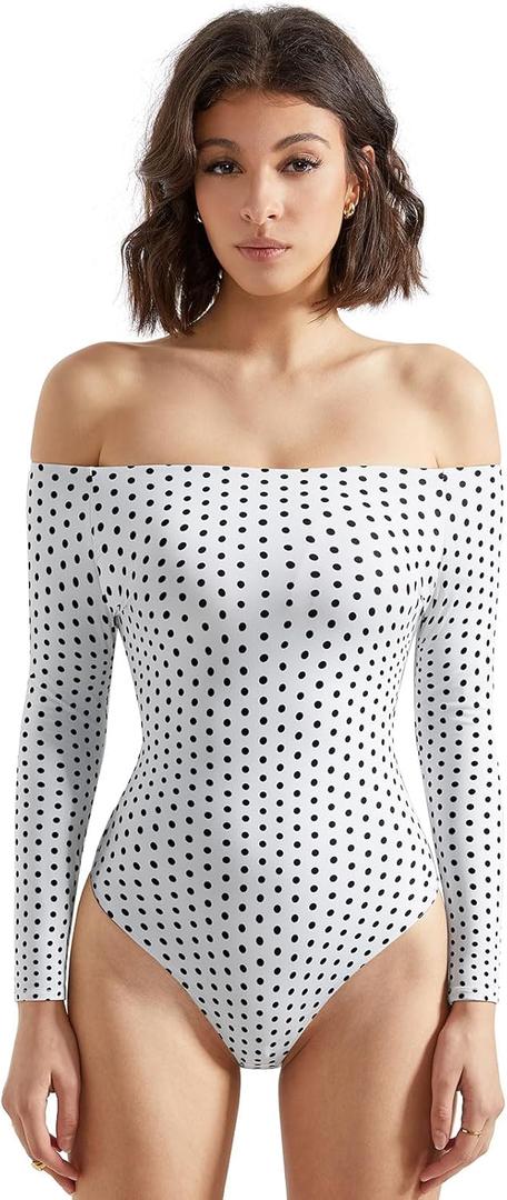SUUKSESS Women Off the Shoulder Long Sleeve Bodysuit Double Lined Thong Bodysuit (Small, White Polka Dots)