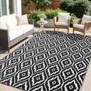 OLANLY Outdoor Rug 9x12 ft Waterproof, Outdoor Plastic Straw Rug with Geometric Pattern Clearance, Reversible RV Mat for Patio, Camping, Balcony, Deck, Backyard, Black & White