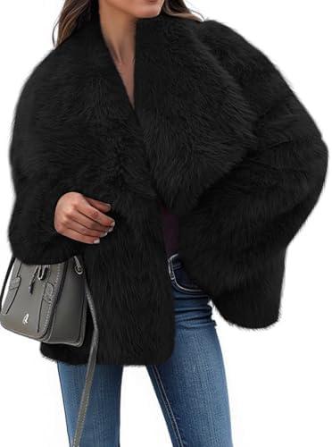 Tankaneo Womens Cropped Faux Fur Jackets Winter Long Sleeve Open Front Warm Shaggy Coats, Black, Size L