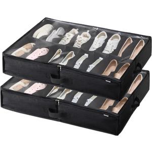 VEVOR Under Bed Shoe Storage Organizer, Set of 2, Total 32 Compartments, Underbed Shoes Closet Storage Solution with Clear Window, Breathable, Foldable Fabric Container Box with Reinforced Handles (Black)
